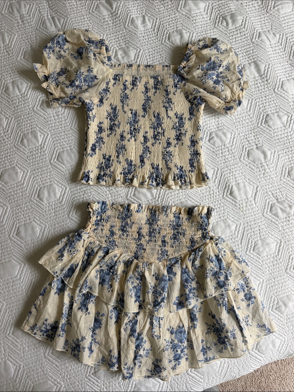 Kids Floral Smocked Matching Set in Cream and Blue